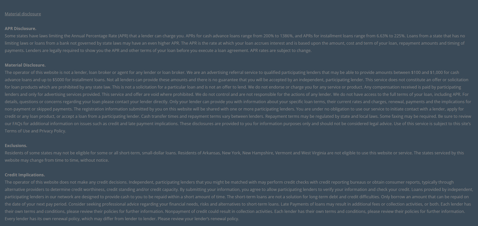 Material disclosure for payday loans in Brandon Florida